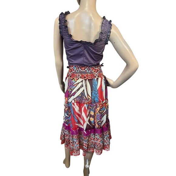 Cache BOHO Tiered Gypsy Festival Colorful Beaded Smock Waist Midi Skirt SZ Large - Picture 5 of 14